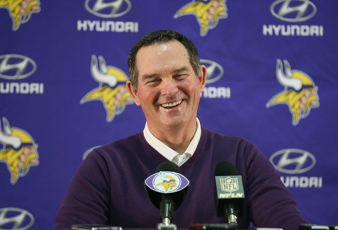 Minnesota Vikings Head Coach Mike Zimmer was happy to give his season ending press conference at the Winter Park Fieldhouse , Tuesday, January 12, 2015 in Eden Prairie, MN. ] (ELIZABETH FLORES/STAR TRIBUNE) ELIZABETH FLORES &#x2022; eflores@startribune.com