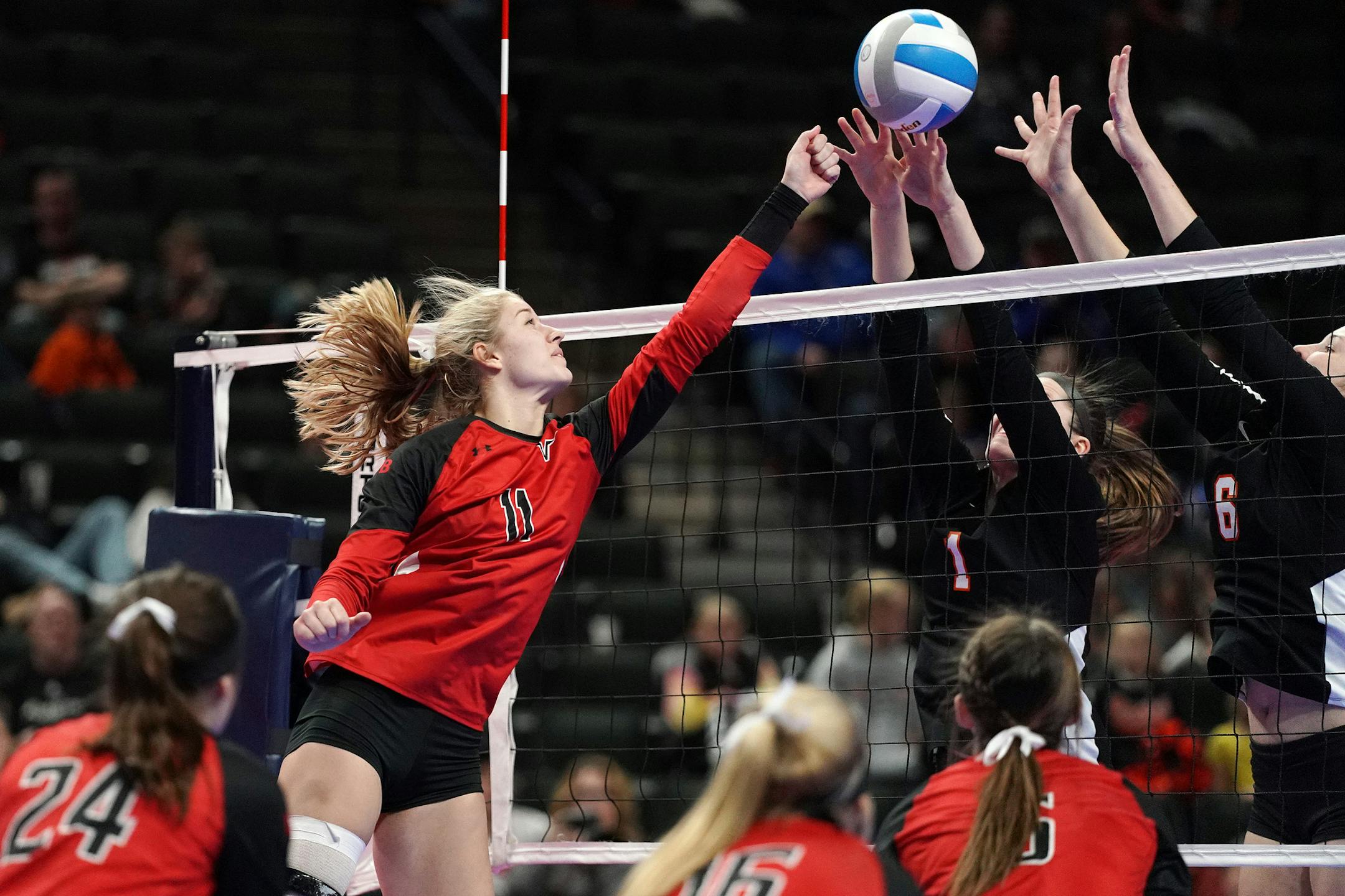 North Branch's Cianna Selbitschka (11) knocked the ball over the net as Marshall's Logan Sherman (1) and Paige Andries (6) leapt to defend in a Class 2A state volleyball championship game last November. Photo: ANTHONY SOUFFLE • anthony.souffle@startribune.com