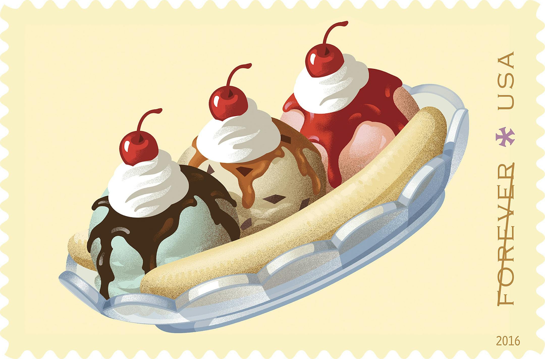 Provided This year, the U.S. Postal Service is celebrating soda fountain favorites, with stamps depicting a double-scoop ice cream cone, an egg cream, a banana split, a root beer float, and a hot fudge sundae. Illustrations by artist Nancy Stahl of New York City.