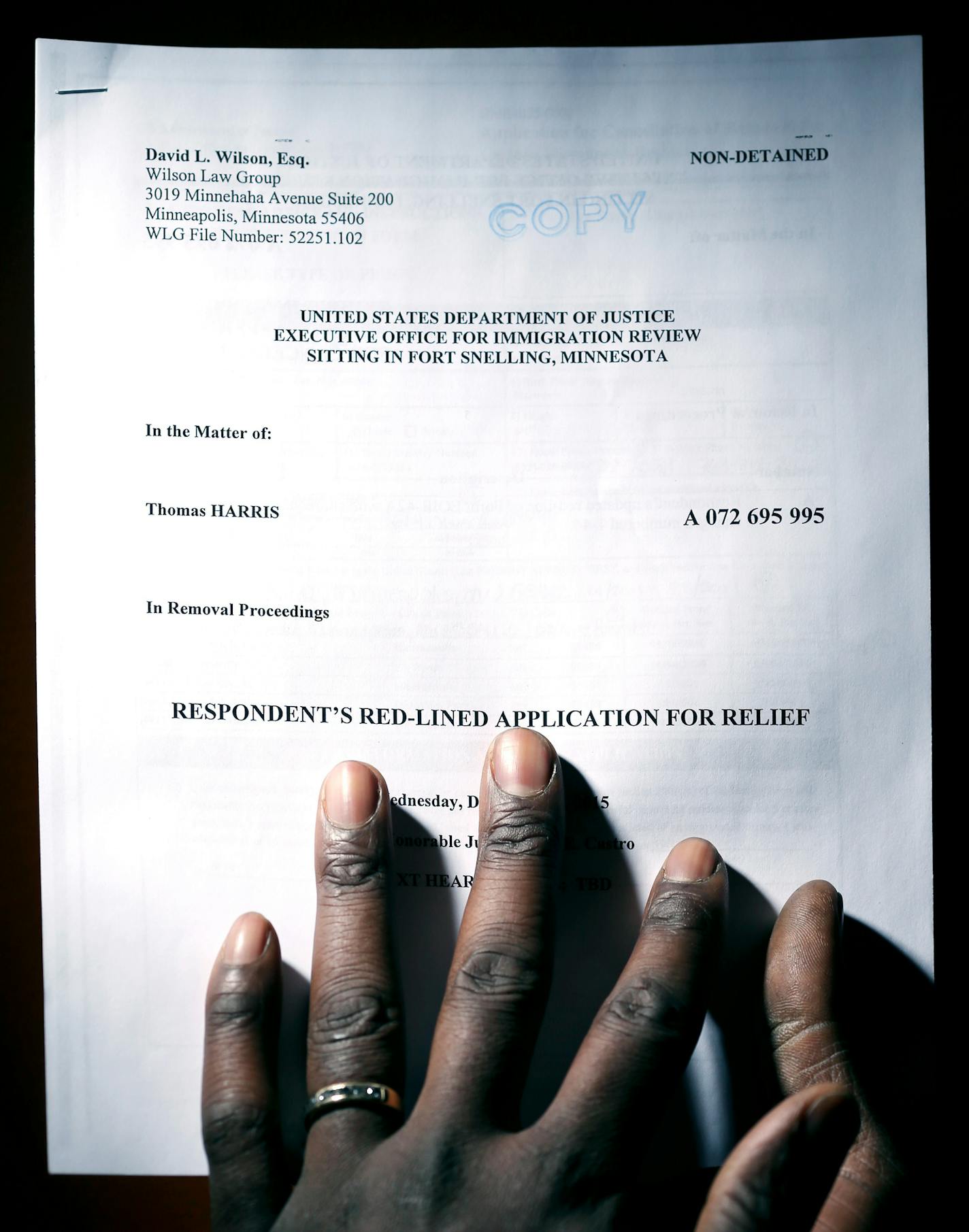 Thomas Harris held a letter from the United Sates Department of Justice concerning his immigration review Tuesday January 19, 2016 in Minneapolis, MN. ] With almost 3,500 cases pending in front of Bloomington Immigration Court and hearings scheduled for 2019, the long-running backlog there is at its worst ever. The recent influx of Central American minors and families - and a priority docket the government created in response - has exacerbated the issue. Jerry Holt/Jerry.Holt@Startribune.com