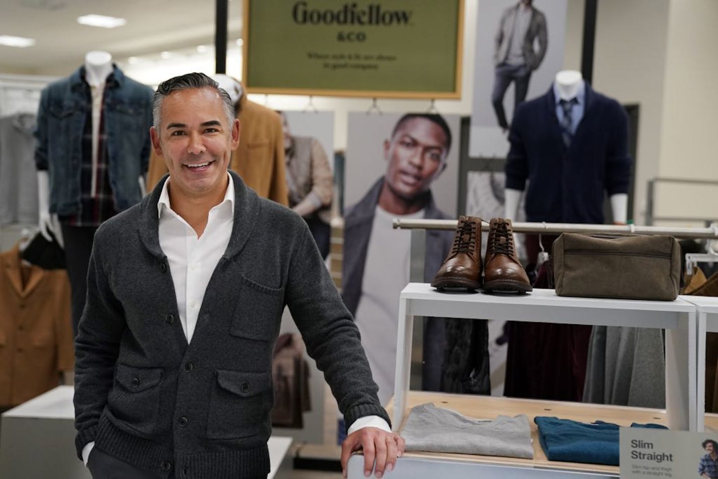 Rick Gomez, Target's chief marketing officer, stood for a portrait Thursday with a display of clothing from Goodfellow, one of the company's new brands.