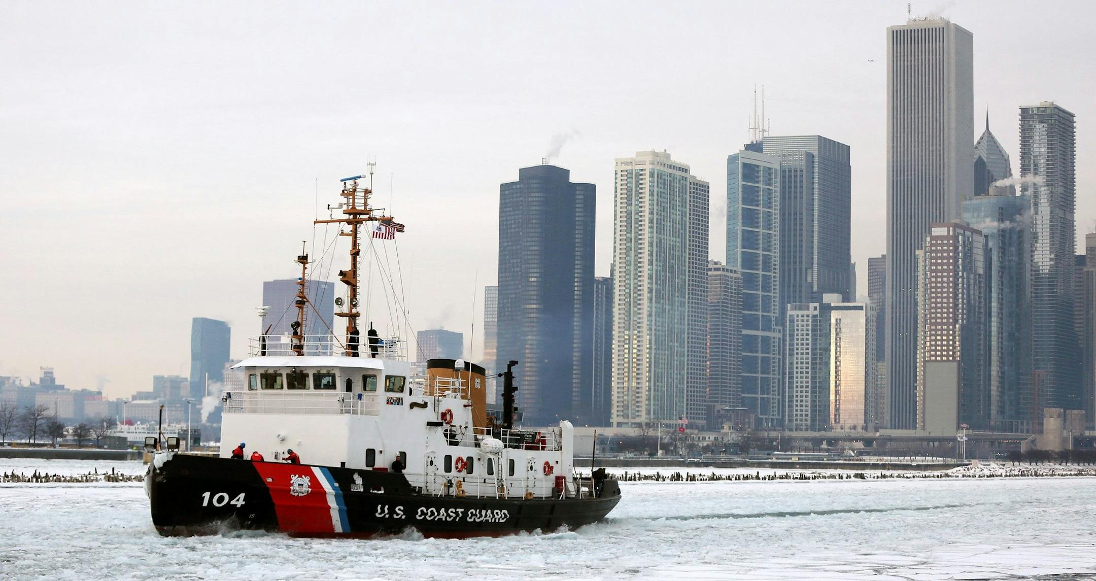 The Coast Guard Cutter "Biscayne Bay" departs for Burns Harbor, Ind. in the early morning hours Wednesday, Feb. 12, 2014 after it spent Tuesday afternoon breaking up ice at Navy Pier in Chicago. (Anthony Souffle/Chicago Tribune/MCT)
