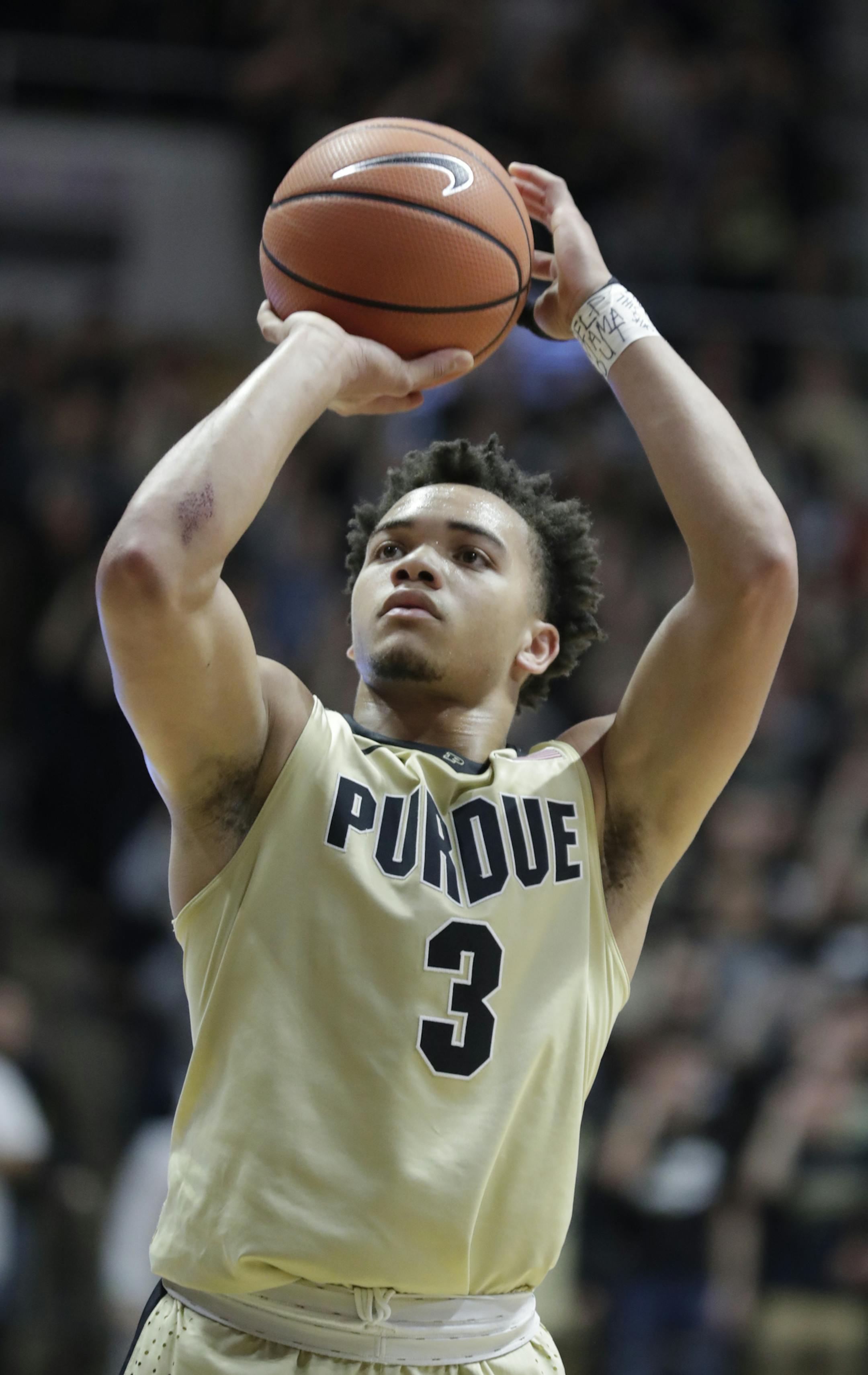 Purdue guard Carsen Edwards (3) shoots against Maryland in the second half of an NCAA college basketball game in West Lafayette, Ind., Wednesday, Jan. 31, 2018. Purdue defeated Maryland 75-67. (AP Photo/Michael Conroy) ORG XMIT: INMC10