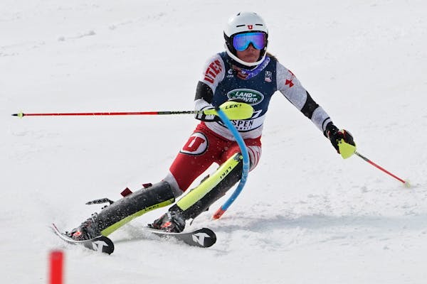 Kaitlyn Vesterstein of Estonia during a women's U.S. Alpine Championship slalom skiing race, Friday, April 16, 2021, in Aspen, Colo. (AP Photo/Robert 