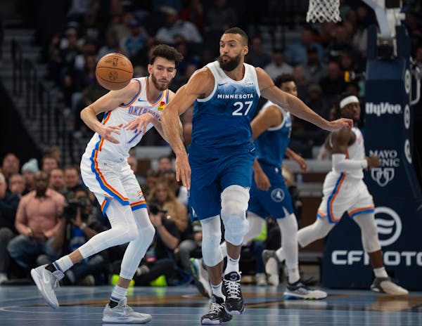 Wolves center Rudy Gobert stripped the ball from Oklahoma City’s Chet Holmgren during the Wolves’ victory Tuesday at Target Center. 