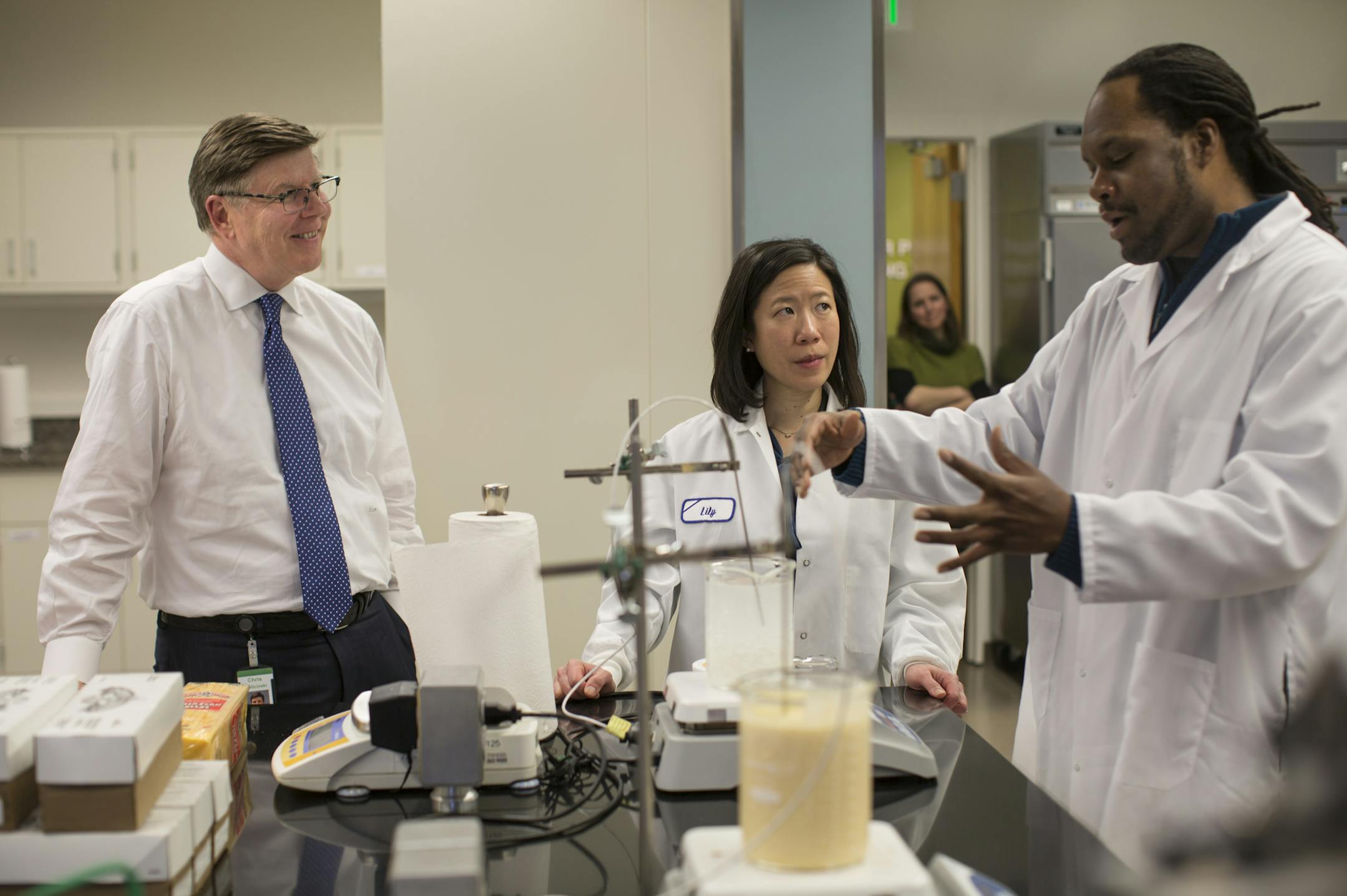 Land O’Lakes CEO and President Chris Policinski, with research-and-development manager Lily Fee and senior technologist Mark Dennison.