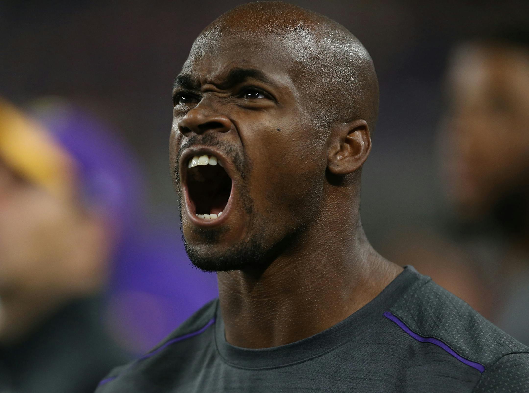 Vikings running back Adrian Peterson cheered as Xavier Rhodes broke up a pass intended for Giants wide receiver Odell Beckham Jr. at the end of the second quarter. The Vikings faced the New York Giants in an NFL Monday Night Football game on October 3, 2016 at U.S. Bank Stadium in Minneapolis MN. (Mark Vancleave/Minneapolis Star Tribune/TNS) ORG XMIT: 1191102