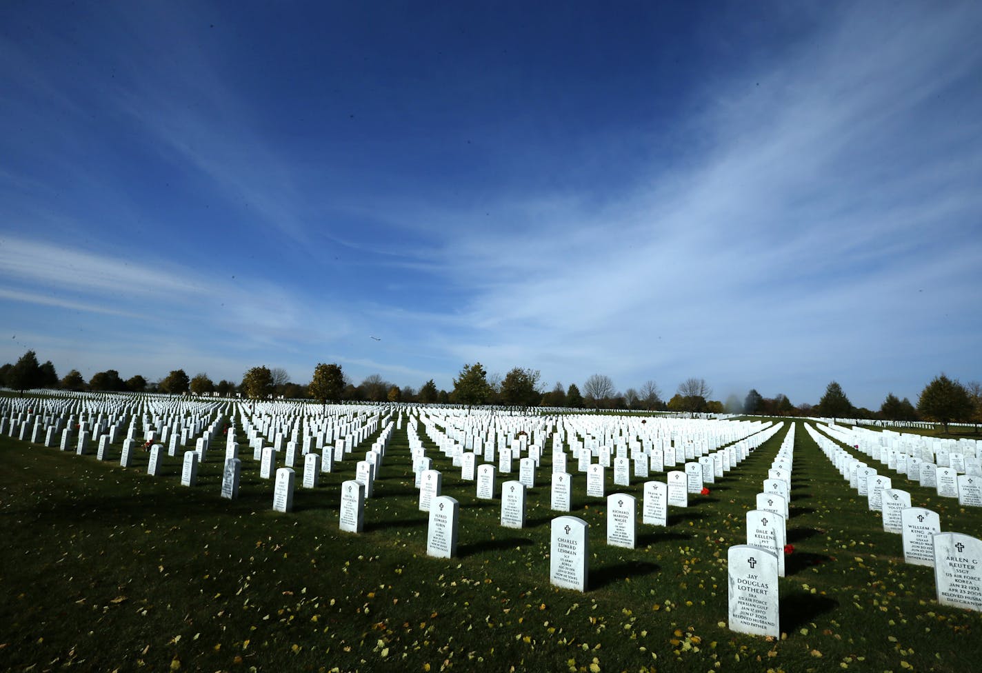 Lines and lines of headstones at Fort Snelling National Cemetery