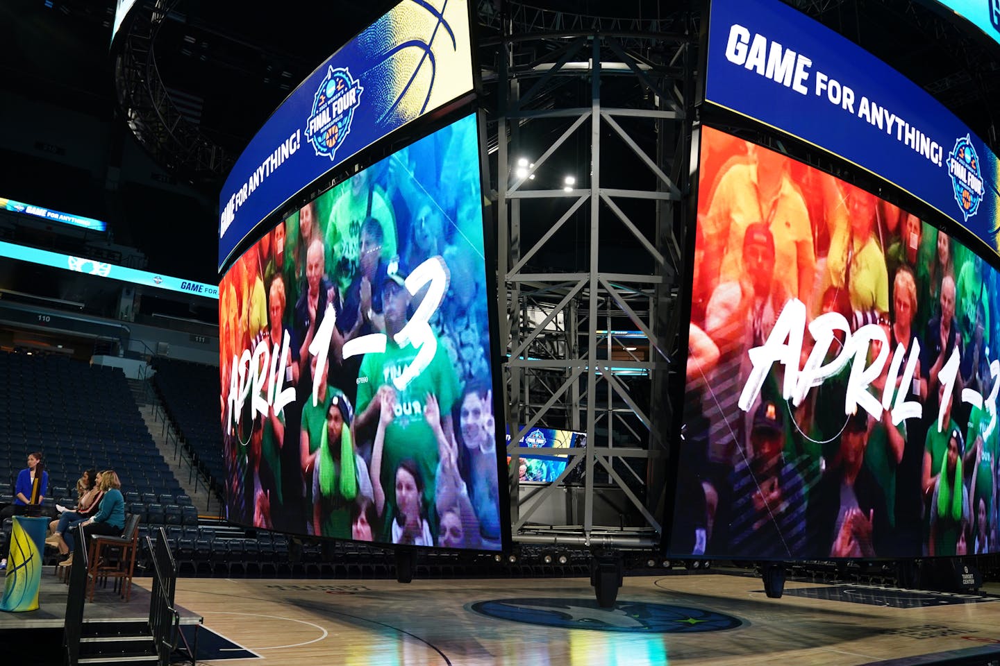 NCAA officials use the Target Center scoreboard as a backdrop for a press conference to mark "40 days out" from the NCAA Women's Final Four that will be held here in April, Tuesday, Feb. 22, 2022 in Minneapolis. ] ANTHONY SOUFFLE • anthony.souffle@startribune.com