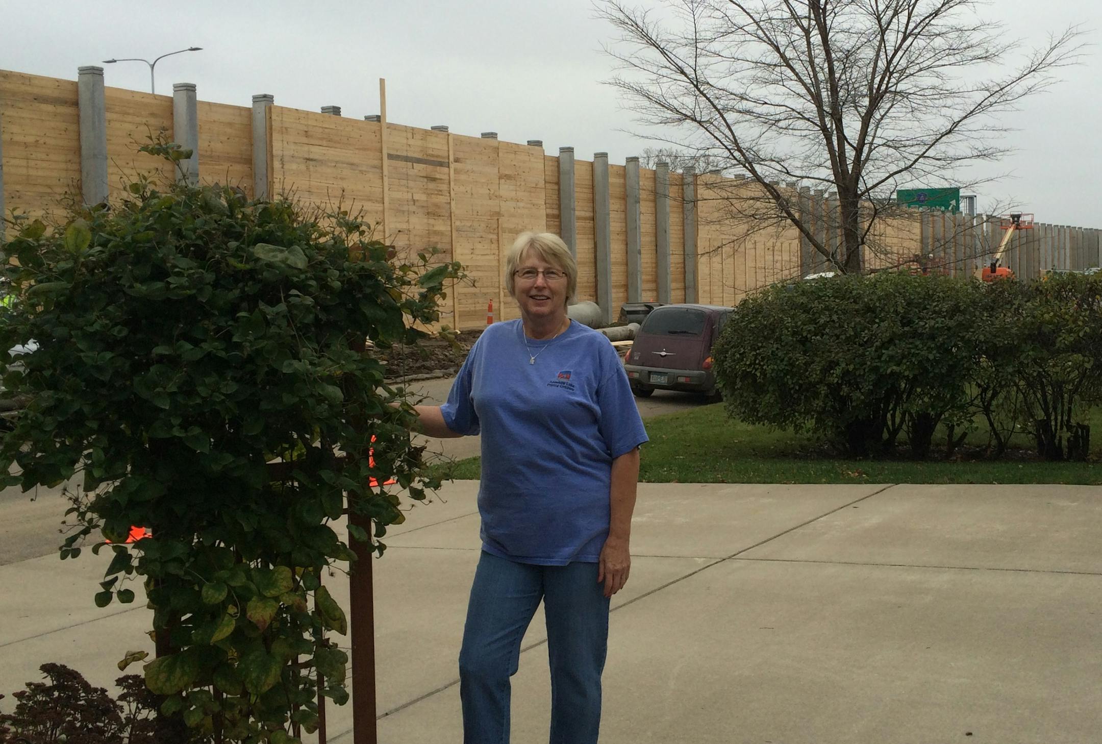 Photo by John Reinan: Carol Becker is among the residents of South Utica Avenue in St. Louis Park who are adjusting to the 20-foot-high sound barrier under construction along Hwy. 100.