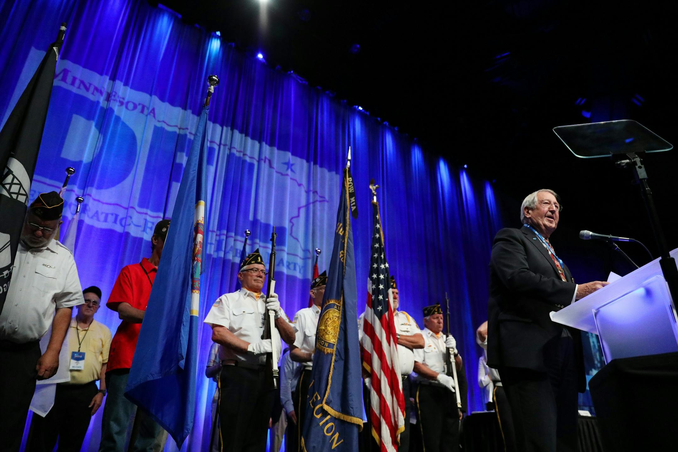 Rochester Mayor Ardell Brede said the Pledge of Allegiance during the DFL State Convention Friday.