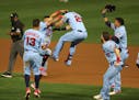The celebration after the Minnesota Twins won in the 10th inning right vs. Detroit on Sept. 22, 2020, at Target Field.