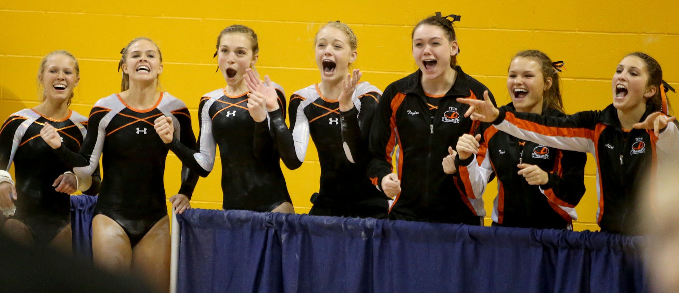 St. Cloud Tech gymnists react to the performance by teammate Lara Aycock on the uneven parallel bars at the Minnesota State High School 2A team gymnastics meet Friday, Feb. 19. 2016, at the University of Minnesota Sports Pavilion in Minneapolis, MN.](DAVID JOLES/STARTRIBUNE)djoles@startribune.com Minnesota State High School 2A team gymnastics meet Friday, Feb. 19. 2016, at the University of Minnesota Sports Pavilion in Minneapolis, MN.