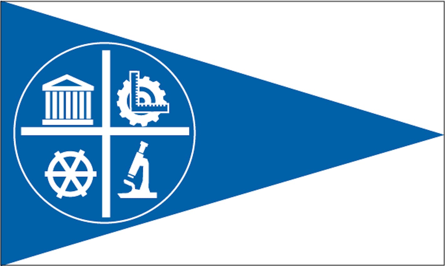 The official flag of Minneapolis shows a royal blue pennant on a white field or background with a white circle on the blue pennant divided by four parts each containing a symbol: A building symbolizing education and the arts A cogged wheel and square symbolizing labor and industry A pilot wheel symbolizing our lakes and rivers and all activities identified with them A microscope symbolizing research, skilled craftsmanship and progress