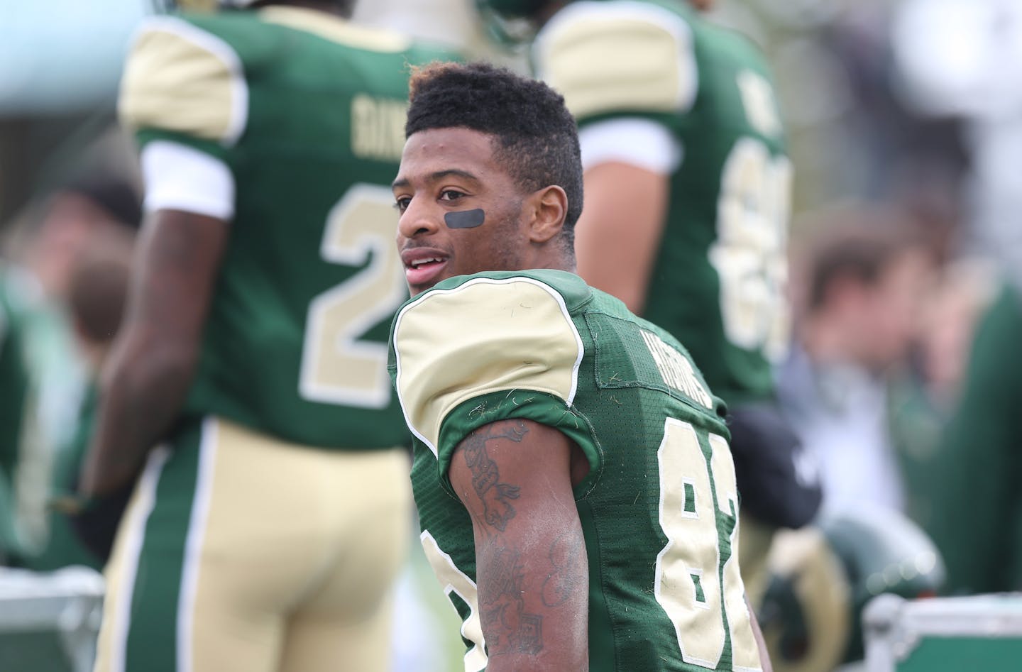 Colorado State wide receiver Rashard Higgins looks on against New Mexico in the fourth quarter of Colorado State's 58-20 victory in an NCAA football game in Fort Collins, Colo., on Saturday, Nov. 22, 2014.