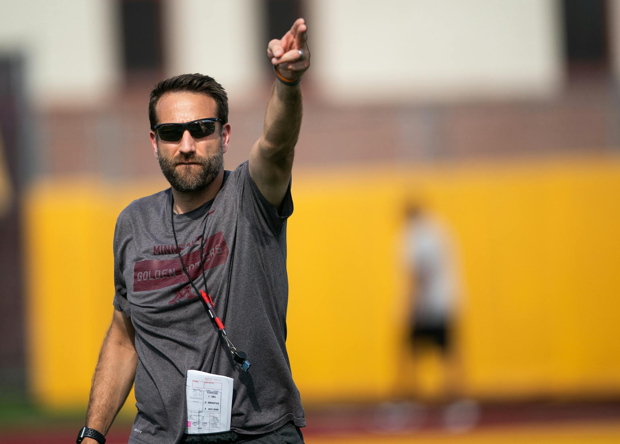 Gophers Defensive Coordinator Joe Rossi ran players through drills during practice. ] MARK VANCLEAVE &#xa5; The University of Minnesota Gophers foorball team held a poublic practice Friday, Aug 9, 2019 in Minneapolis.