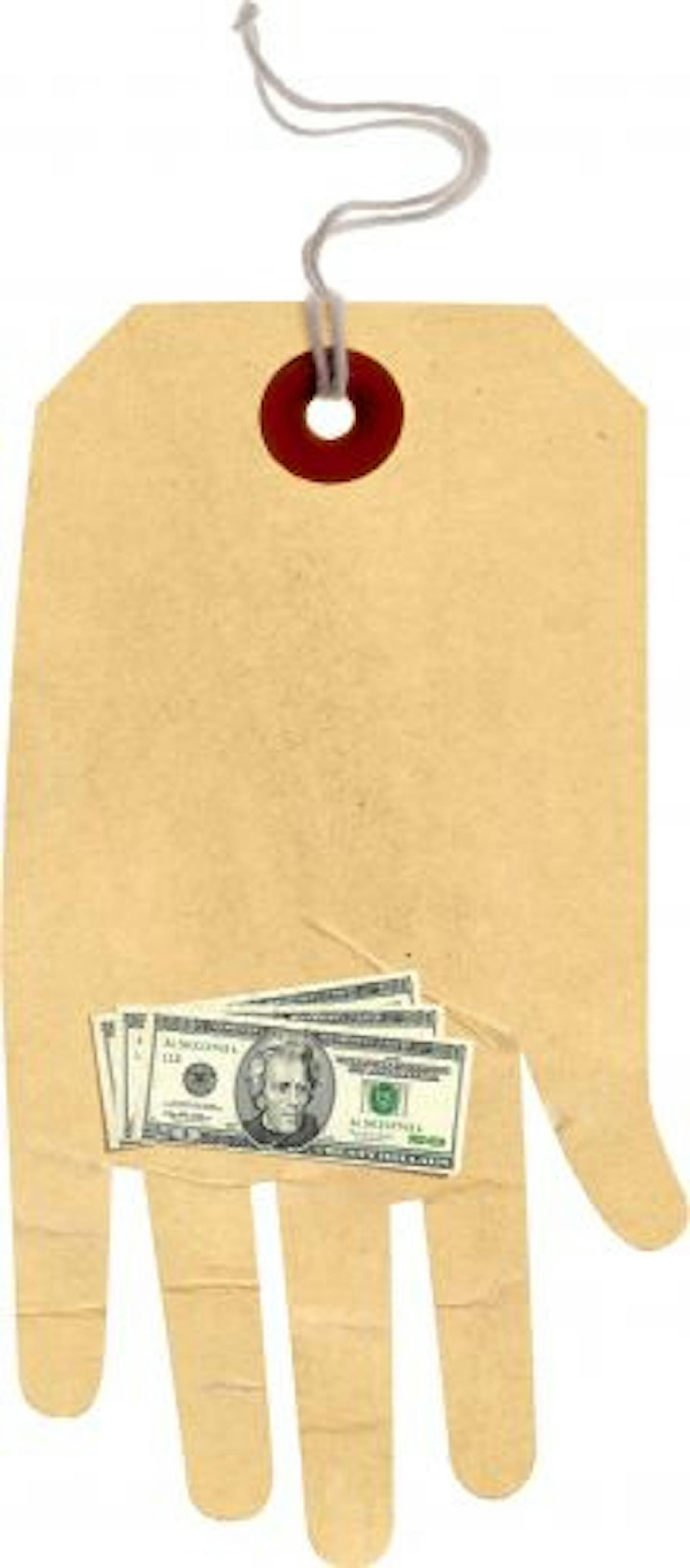 300 dpi Michael Hogue color illustration of sales hangtag shaped as hand holding small stack of cash. The Dallas Morning News 2008<p> haggle illustration sales hang tag clearance price cash hand retail yard sale string paper money rebate coupon deal budget shopping; auction services; krtfinancialservice financial services; krtnamer north america; krtpersonalfinance personal finance; krtusbusiness; u.s. us united states; FIN; krtbusiness business 04000000; 04006018; 04006020; krtnational national