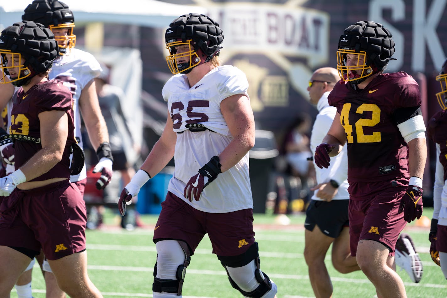 Offensive Lineman Greg Johnson (65) during an open Gophers football practice at the Universtiy of Minnesota Tuesday, Aug. 15, 2023 in Minneapolis, Minn. ] RENEE JONES SCHNEIDER • renee.jones@startribune.com