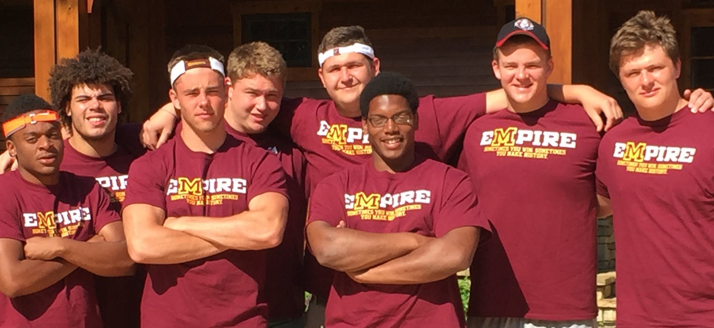 Eight Gophers football recruits from the Class of 2016 bonded at a cabin weekend (from left): Philip Howard, Cooper; JoJo Garcia, East Ridge; Carter Coughlin, Eden Prairie; Matt Kegel, Chaska; Sean Foster, Carmel Catholic (Ill.); Thomas Barber, Armstrong; Sam Schlueter, Mayer Lutheran and Conner Olson, Monticello.