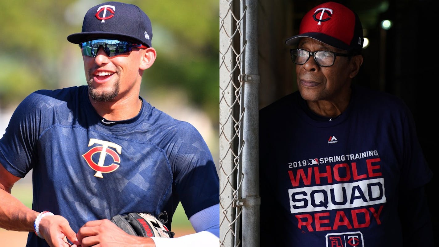 Prized prospect Royce Lewis (left), sidelined for a couple of weeks because of a strained oblique that is now nearly healed, spent much of his downtime collecting advice from Hall of Fame hitter Rod Carew (right).