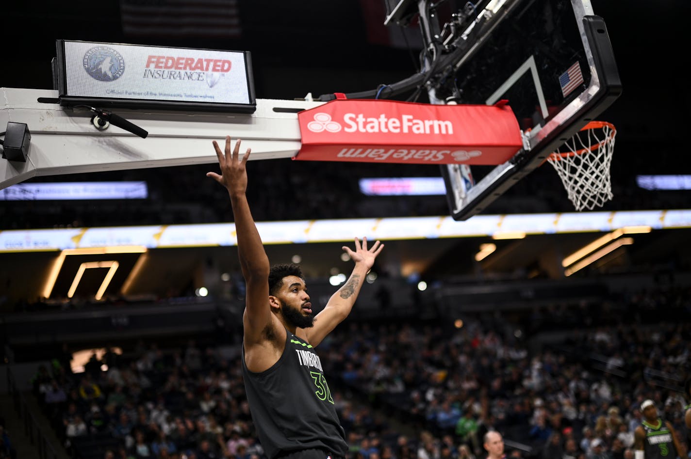 Minnesota Timberwolves center Karl-Anthony Towns (32) argues against a defensive foul call against the Houston Rockets during the second half Saturday, Nov. 5, 2022 at Target Center in Minneapolis, Minn.. ] AARON LAVINSKY • aaron.lavinsky@startribune.com