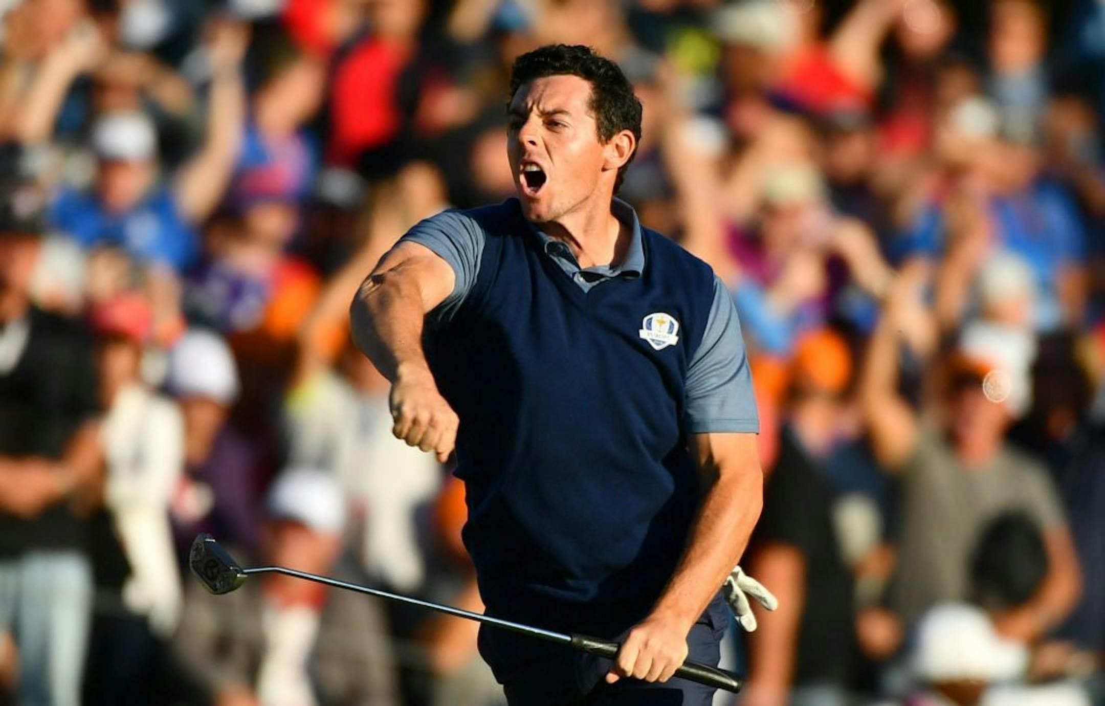 Europe's Rory McIlroy celebrated Friday after sinking the match-winning eagle on the 16th hole during afternoon Ryder Cup play at Hazeltine National Golf Club in Chaska.