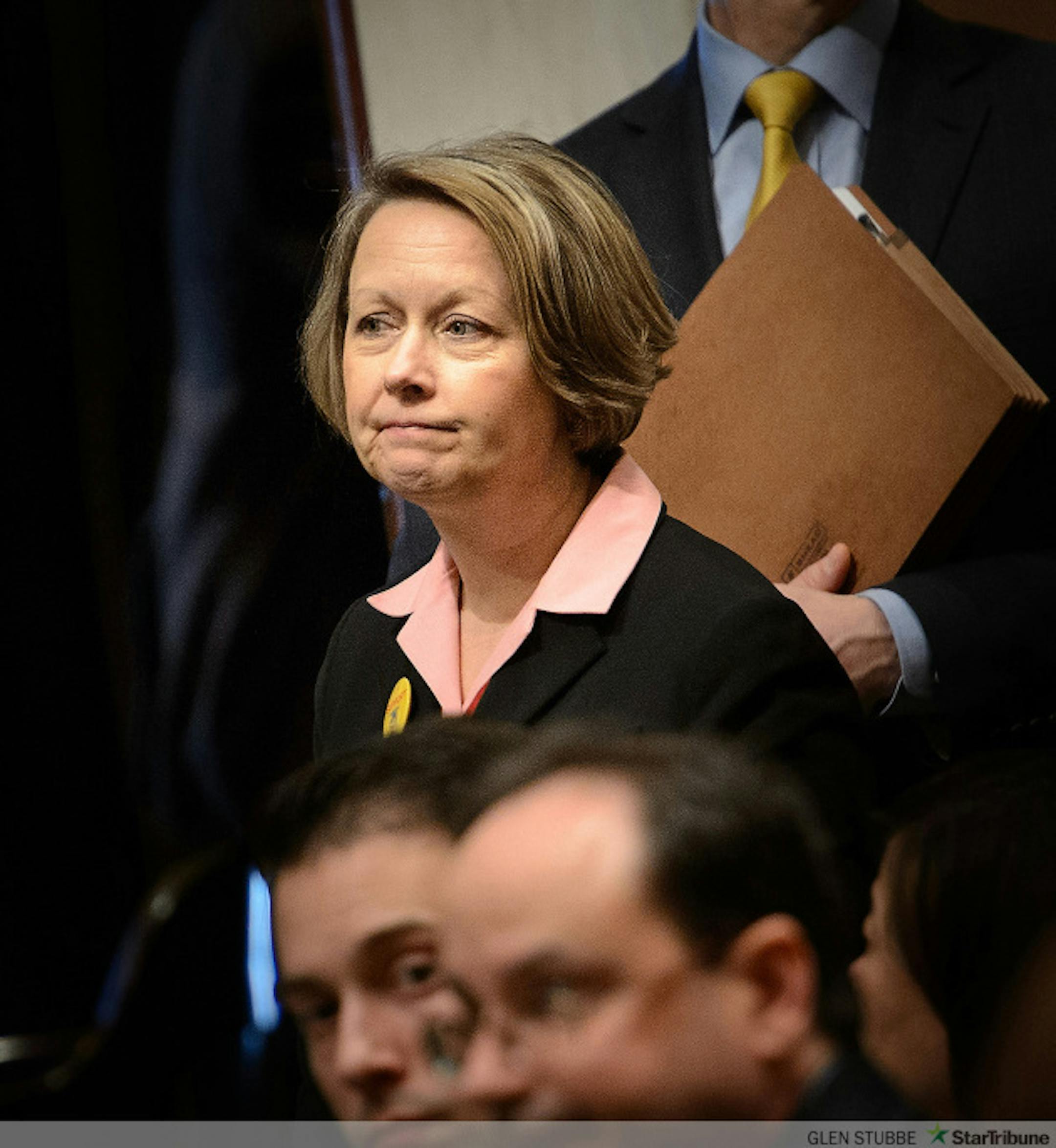 Bill author Rep. Jennifer Loon, R- Eden Prairie  waited for the start of Thursday's session.  Her bill was delayed and will head to the Ways and Means committee.   The Minnesota State Legislature delayed a bill that make tenure less important than merit when it comes to teacher layoffs.      ] GLEN STUBBE * gstubbe@startribune.com Tuesday, February 24, 2015