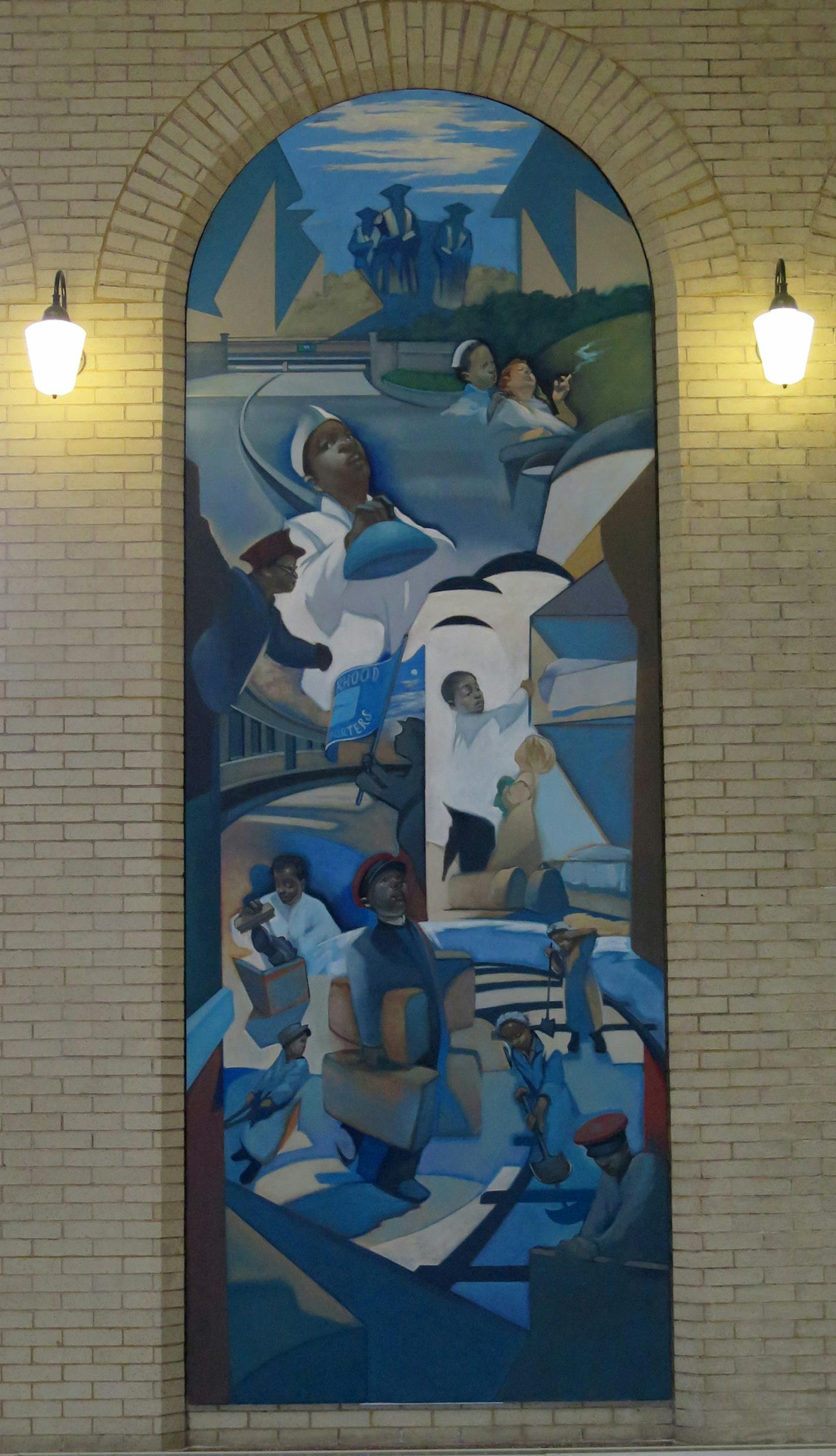 Atlanta-based muralist Ralph Gilbert will be overseeing installation of 6 train-themed history murals in St. Paul's Union Depot . Each painting is 16 ft. tall and done in a 1930s mural style, representing various Depot-themed topics -Mississippi River, Rondo neighborhood, homeless/ orphan train kids, immigrants and their future employment (farming, railroading,etc.), soldiers departming for assorted wars, U.S. postal service. 4 of 6