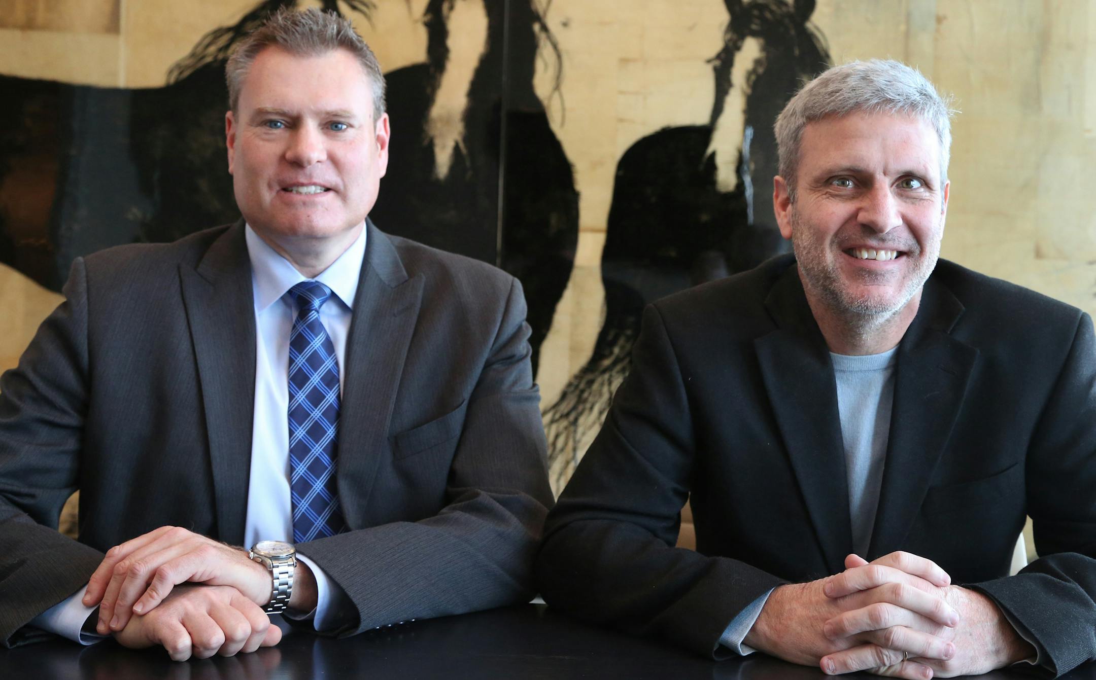 Jay Coatta, right, is Phoji founder and creator and Jon Christensen is Phoji president and CEO and they were seen Thursday, Feb. 4, 2016, in Wayzata, MN. Phoji is a messaging ap that allows use of custom emojis for consumers and brands.](DAVID JOLES/STARTRIBUNE)djoles@startribune.com A Minneapolis-based startup has developed an app that lets users create their own in-line emojis using their own faces and places. There are two lines of its business: person-to-person and business-to-customer. The