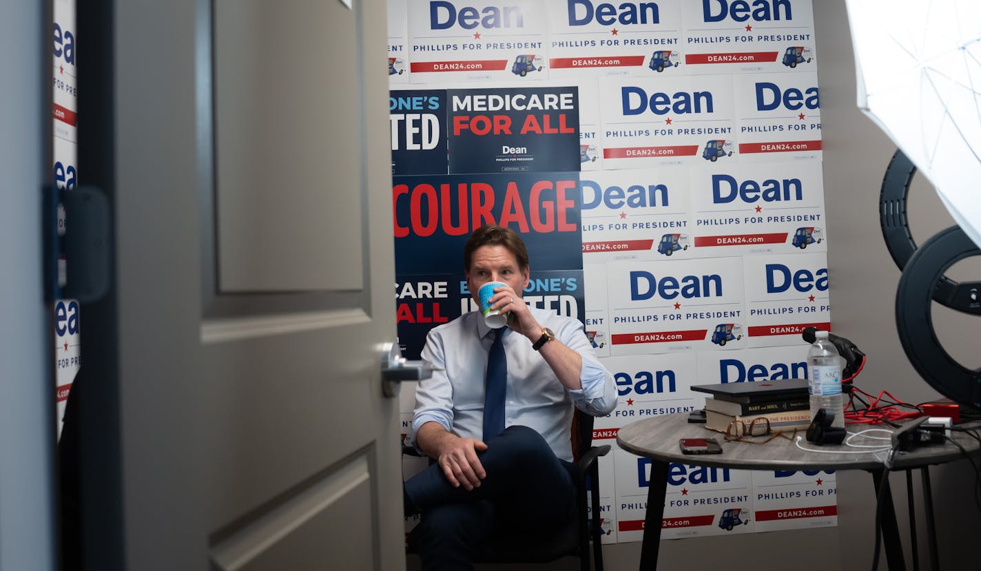 Dean Phillips’ sipped some coffee in the interview room of his New Hampshire campaign headquarters Friday, Jan. 19, 2024  Manchester, New Hampshire.    ] GLEN STUBBE • glen.stubbe@startribune.com