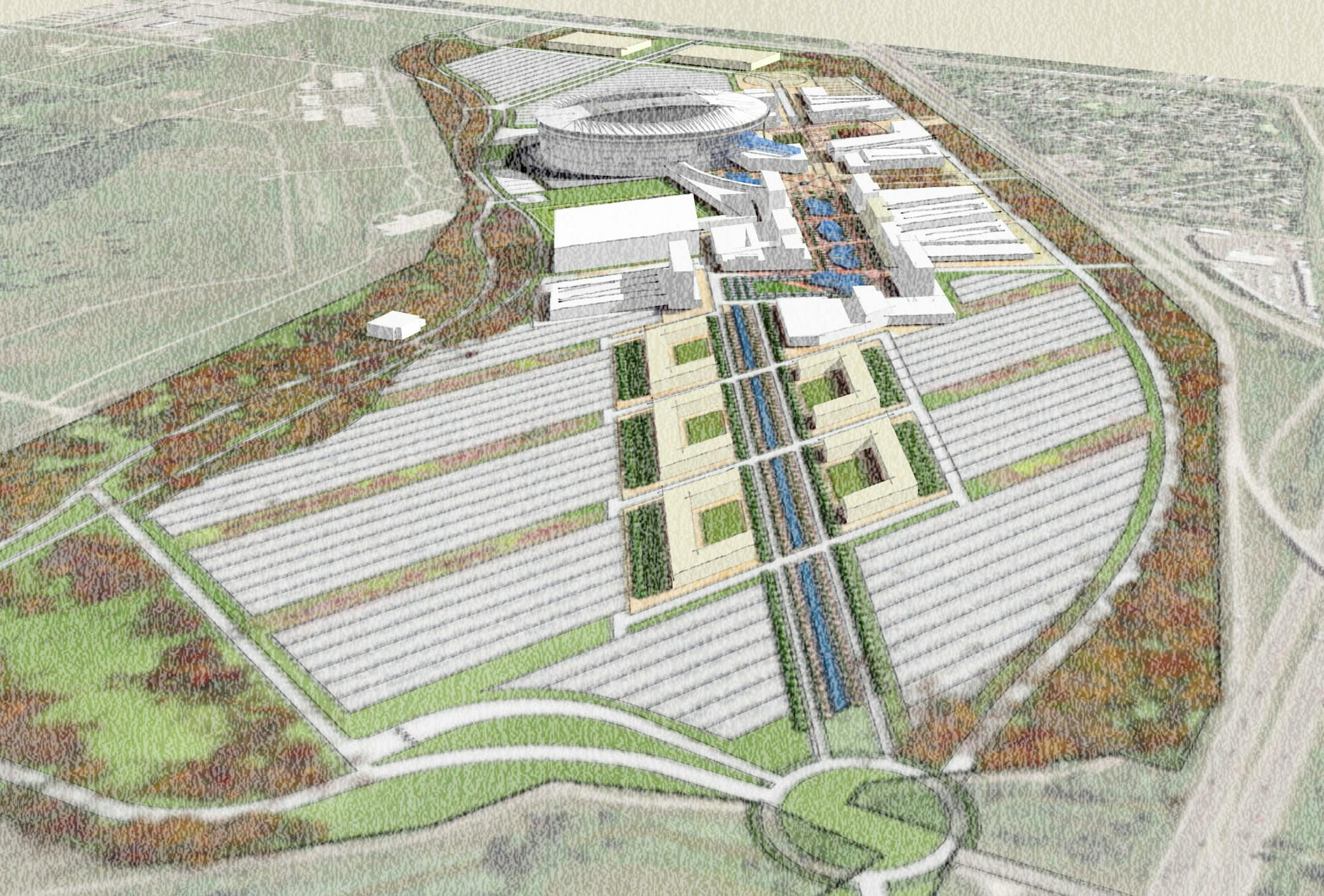 An aerial view shows a proposed $1.1 billion retractable-roof stadium to be built on the site of the old Army ammunitions plant in Arden Hills.