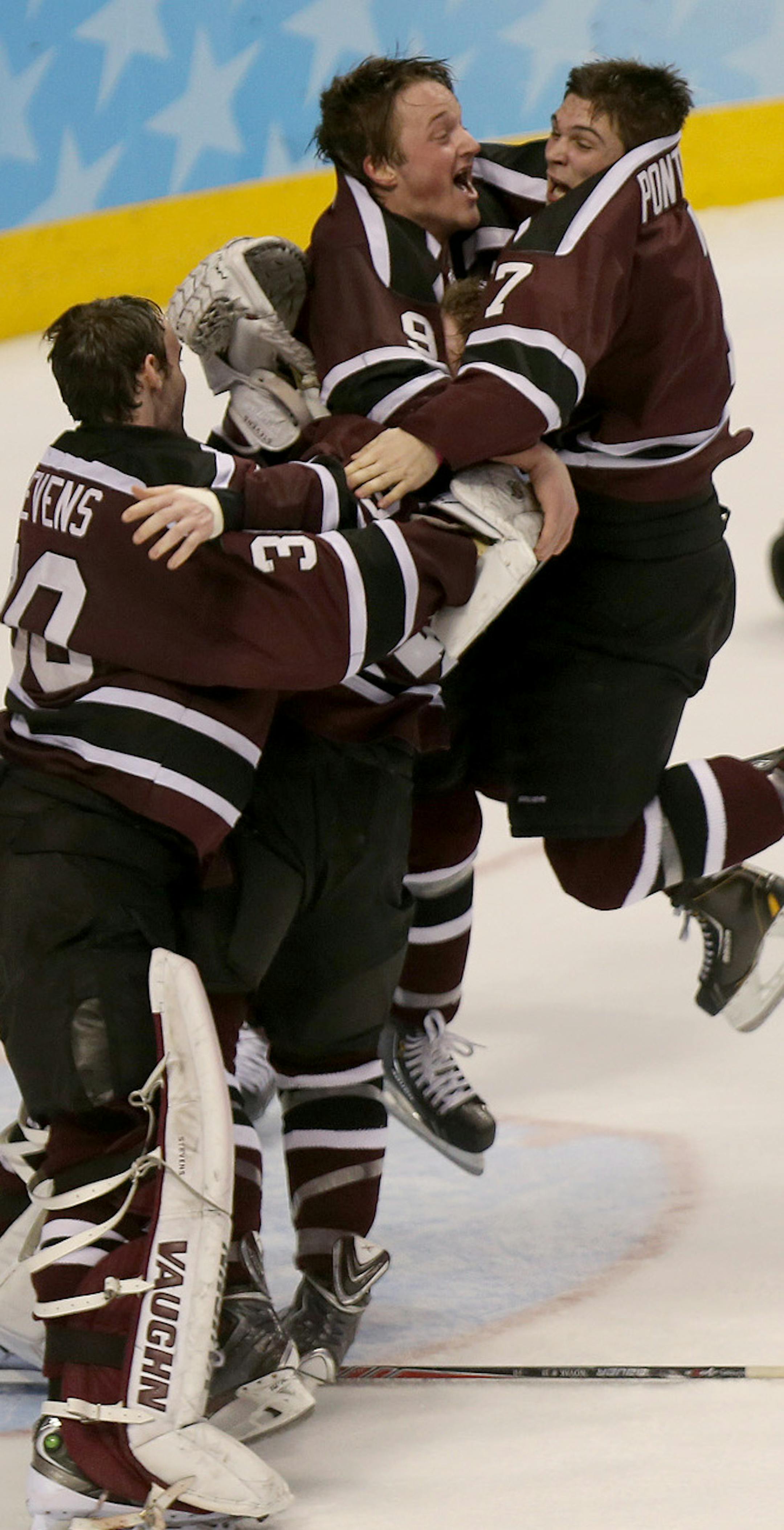 Union College reacted to their 7 to 4 win over Minnesota at the Frozen Four Championship game at the Wells Fargo Center in Philadelphia, PA, Saturday, April 12, 2014. ] (ELIZABETH FLORES/STAR TRIBUNE) ELIZABETH FLORES • eflores@startribune.com