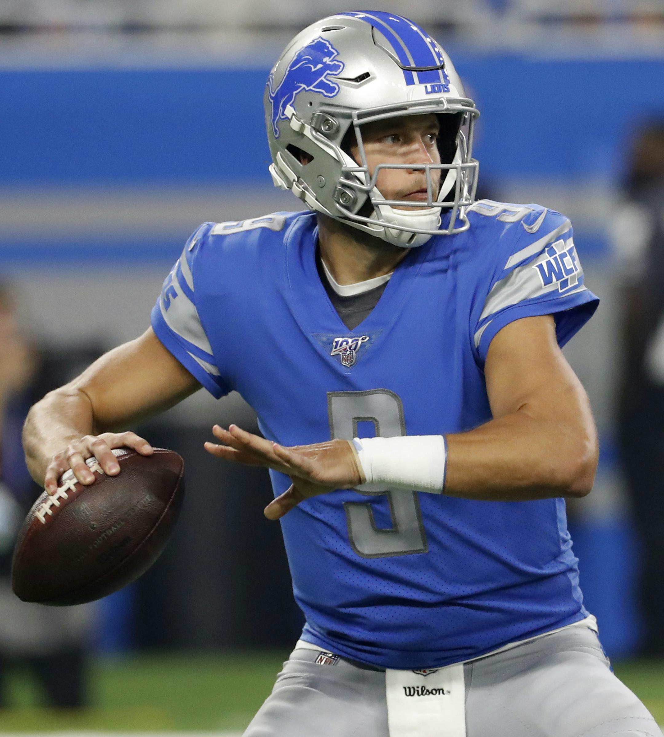 Detroit Lions quarterback Matthew Stafford (9) throws against the Los Angeles Chargers in the first half an NFL football game against the Los Angeles Chargers in Detroit, Sunday, Sept. 15, 2019. (AP Photo/Rick Osentoski)