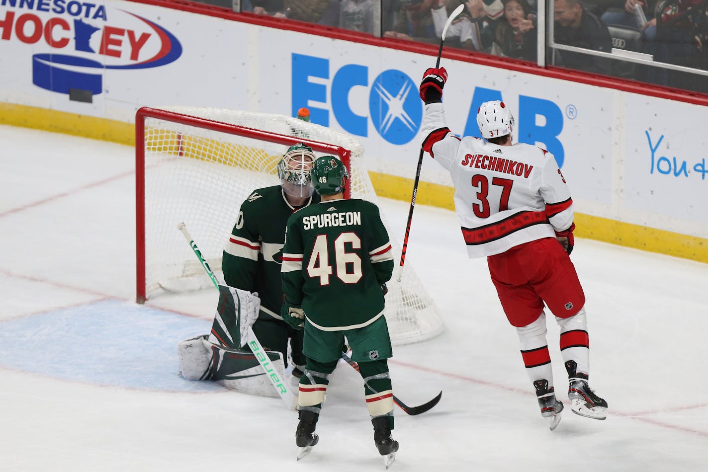 Carolina Hurricanes' Andrei Svechnikov of Russia holds up his hockey stick in celebration after scoring the game winning goal against Minnesota in overtime of an NHL hockey game Saturday, Nov. 16, 2019, in St. Paul, Minn. Carolina won 4-3 in overtime. (AP Photo/Stacy Bengs)