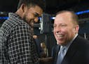 Karl-Anthony Towns joked with Minnesota Timberwolves new President of Basketball Operations and Head Coach Tom Thibodeau in June.