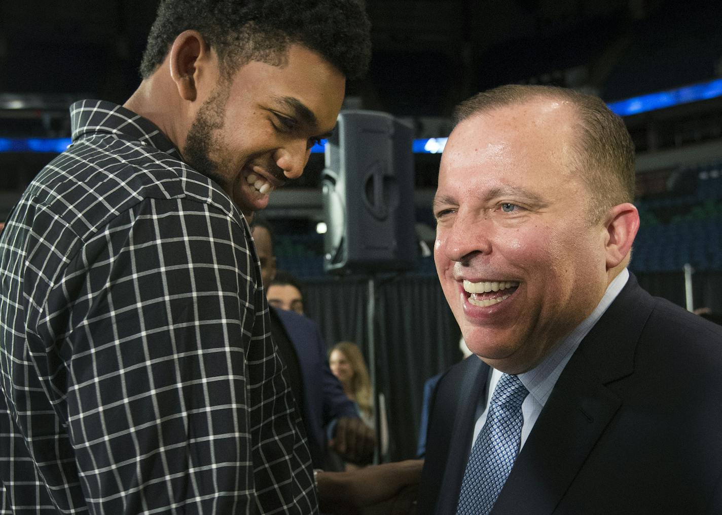 Karl-Anthony Towns joked with Minnesota Timberwolves new President of Basketball Operations and Head Coach Tom Thibodeau in June.