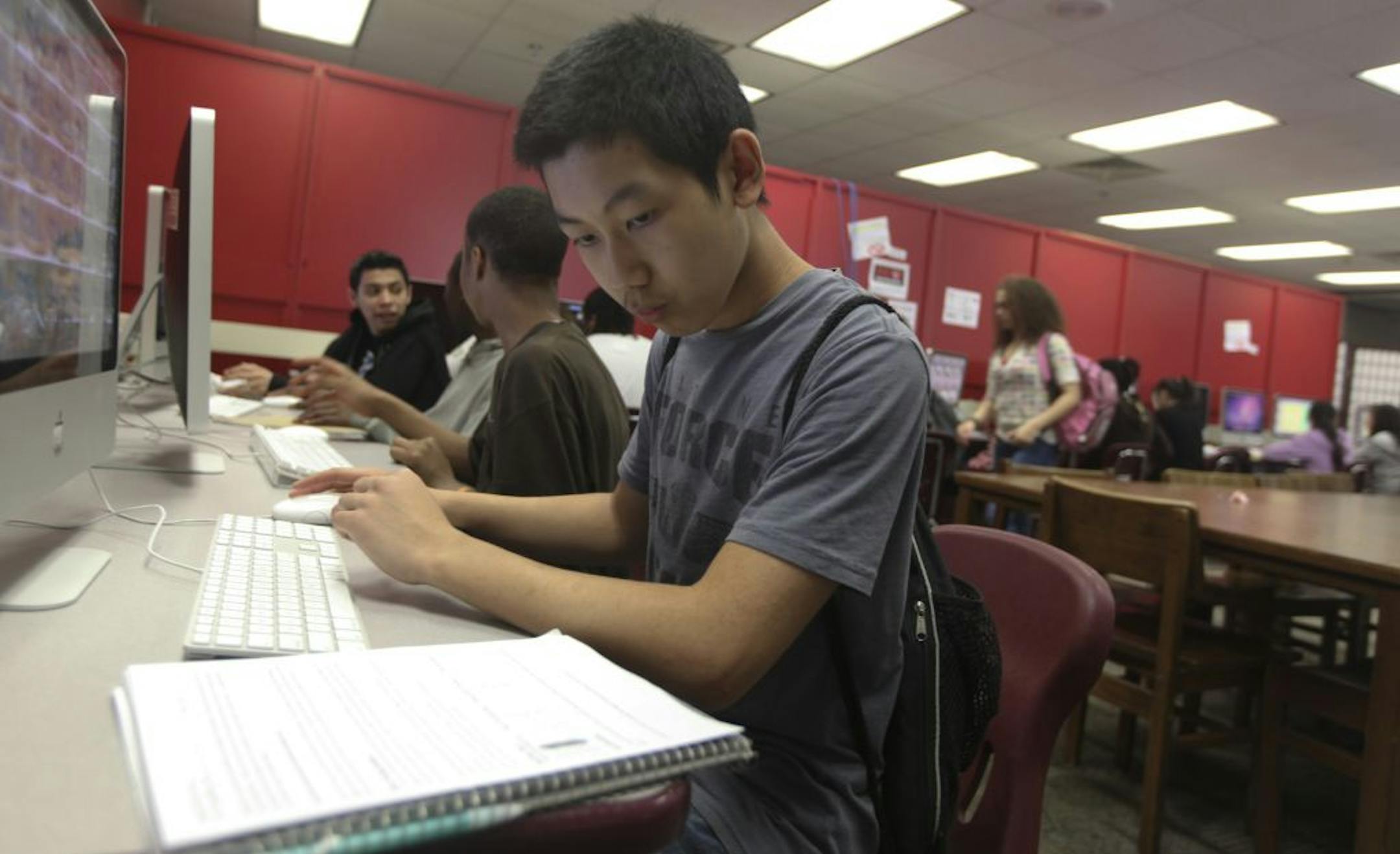 Kong Lee worked on his computer model analysis during a recent ninth-grade physics class at North High School.