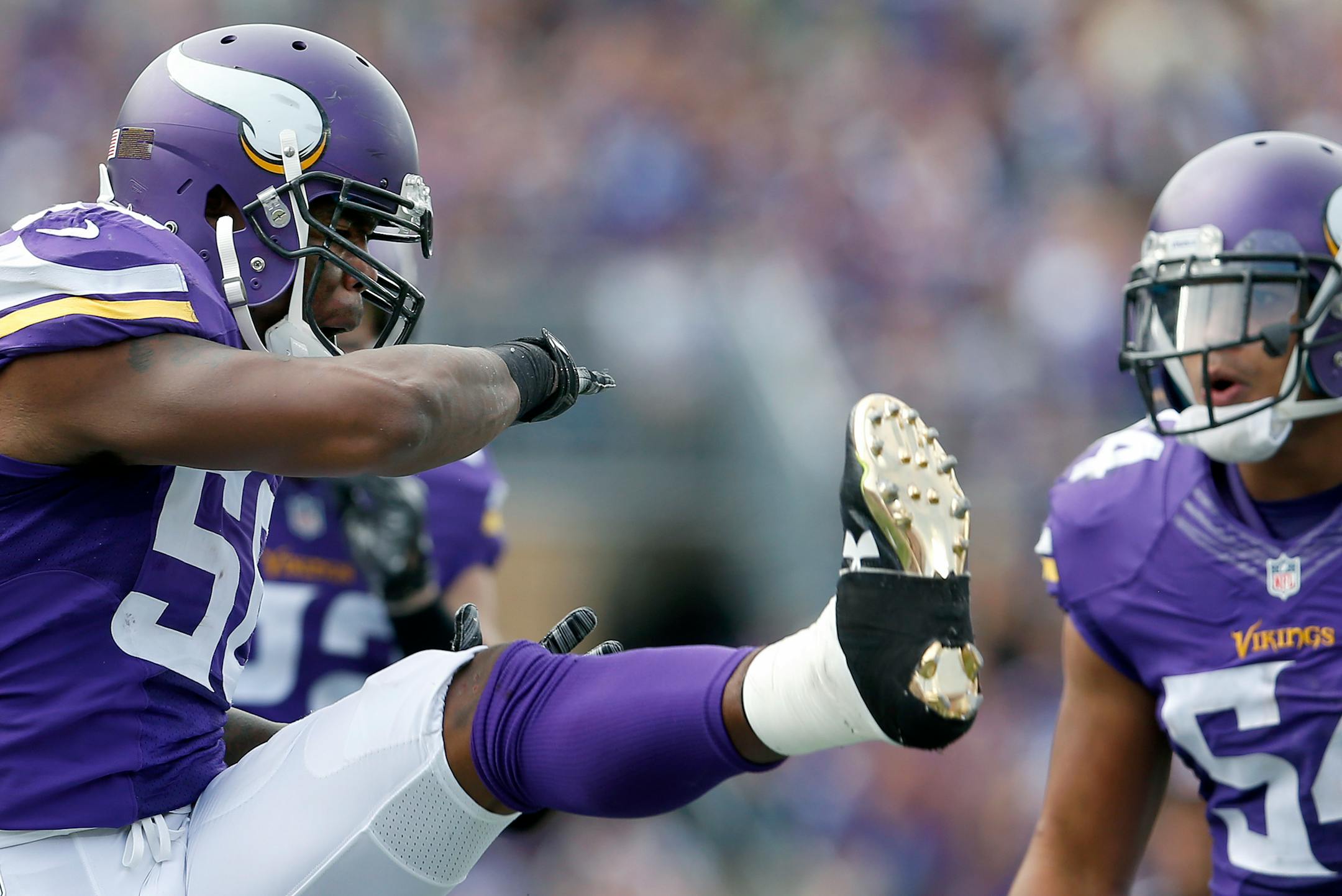 Gerald Hodges (50) celebrated after a play in the first quarter. ] CARLOS GONZALEZ cgonzalez@startribune.com - September 20, 2015, TCF Bank Stadium, Minneapolis, MN, NFL, Minnesota Vikings vs. Detroit Lions
