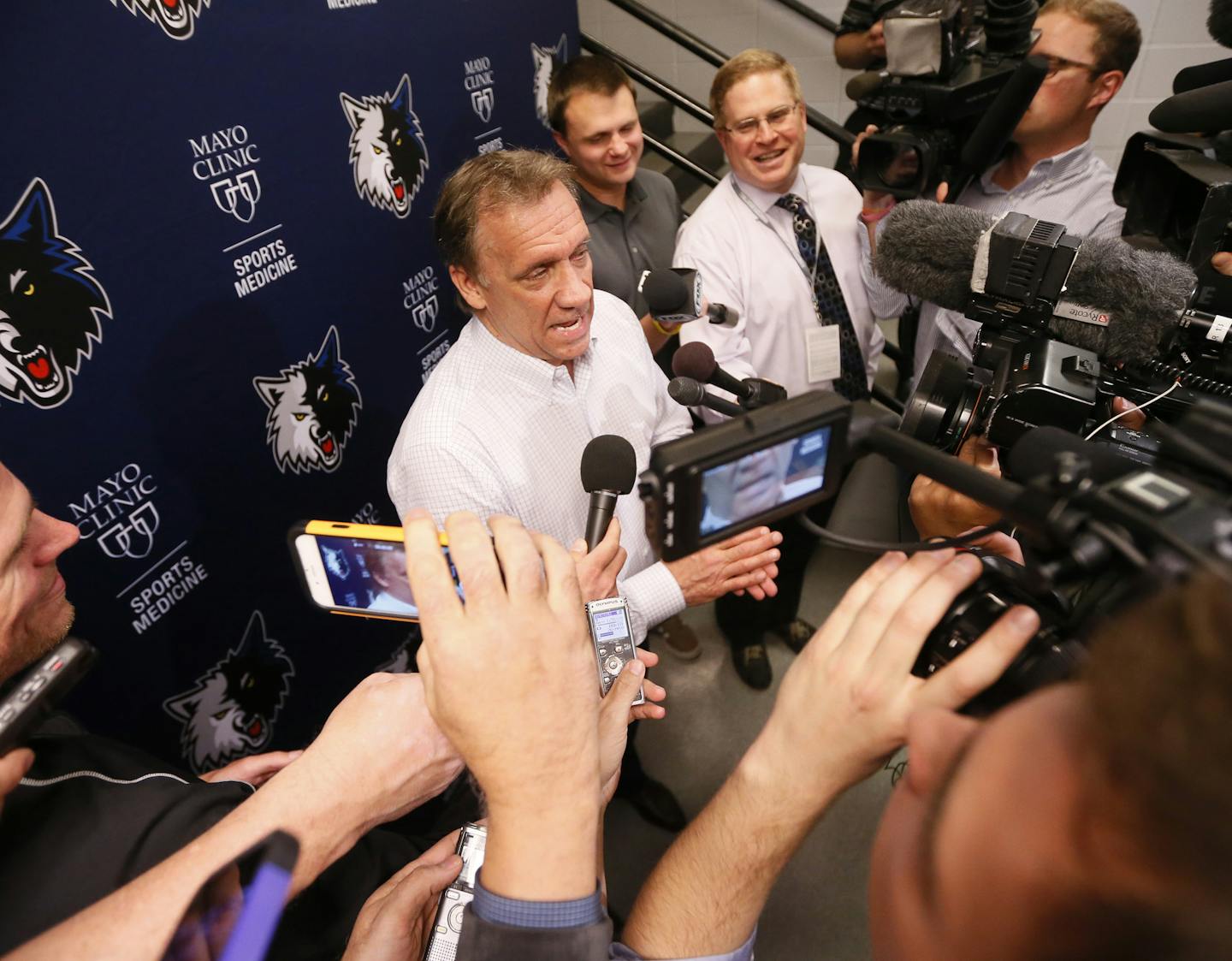 Flip Saunders President of Basketball Operations for the Timberwolves talked reporters after his time got the first draft at Target Center Tuesday May 19, 2015 in Minneapolis, MN. ] Jerry Holt/ Jerry.Holt@Startribune.com