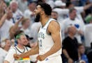 Karl Anthony Towns (32) of the Minnesota Timberwolves reacts after a play in the third quarter of Game 6 of the NBA Western Conference Semi-finals at 