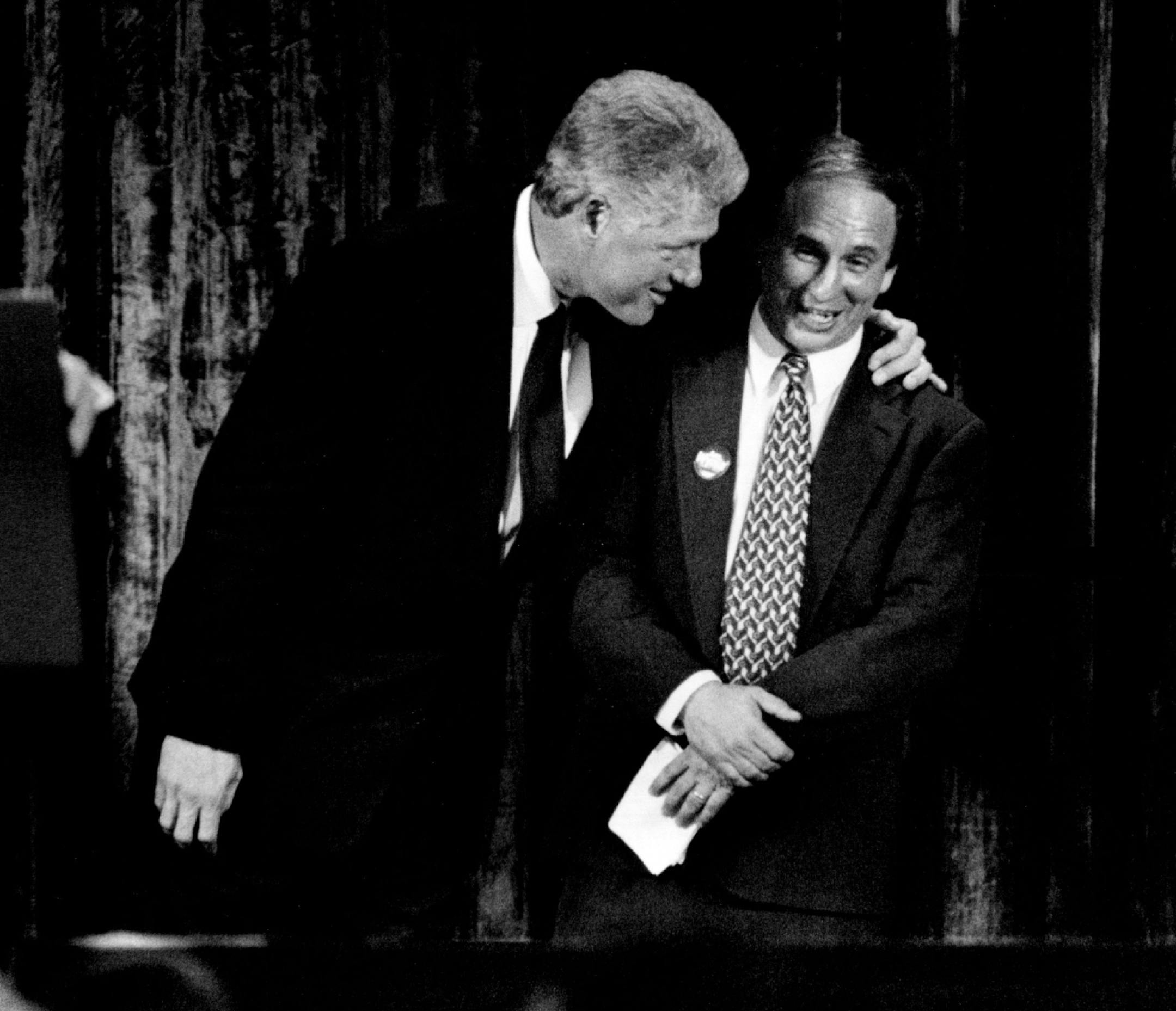 September 24, 1994: President Bill Clinton stopped in Minneapolis to attend a fund raising rally for the DFL Party. President Bill Clinton put his arm around U.S. Senator Paul Wellstone as Sen. Bob Graham of Florida praised Wellstone for his work in Congress.