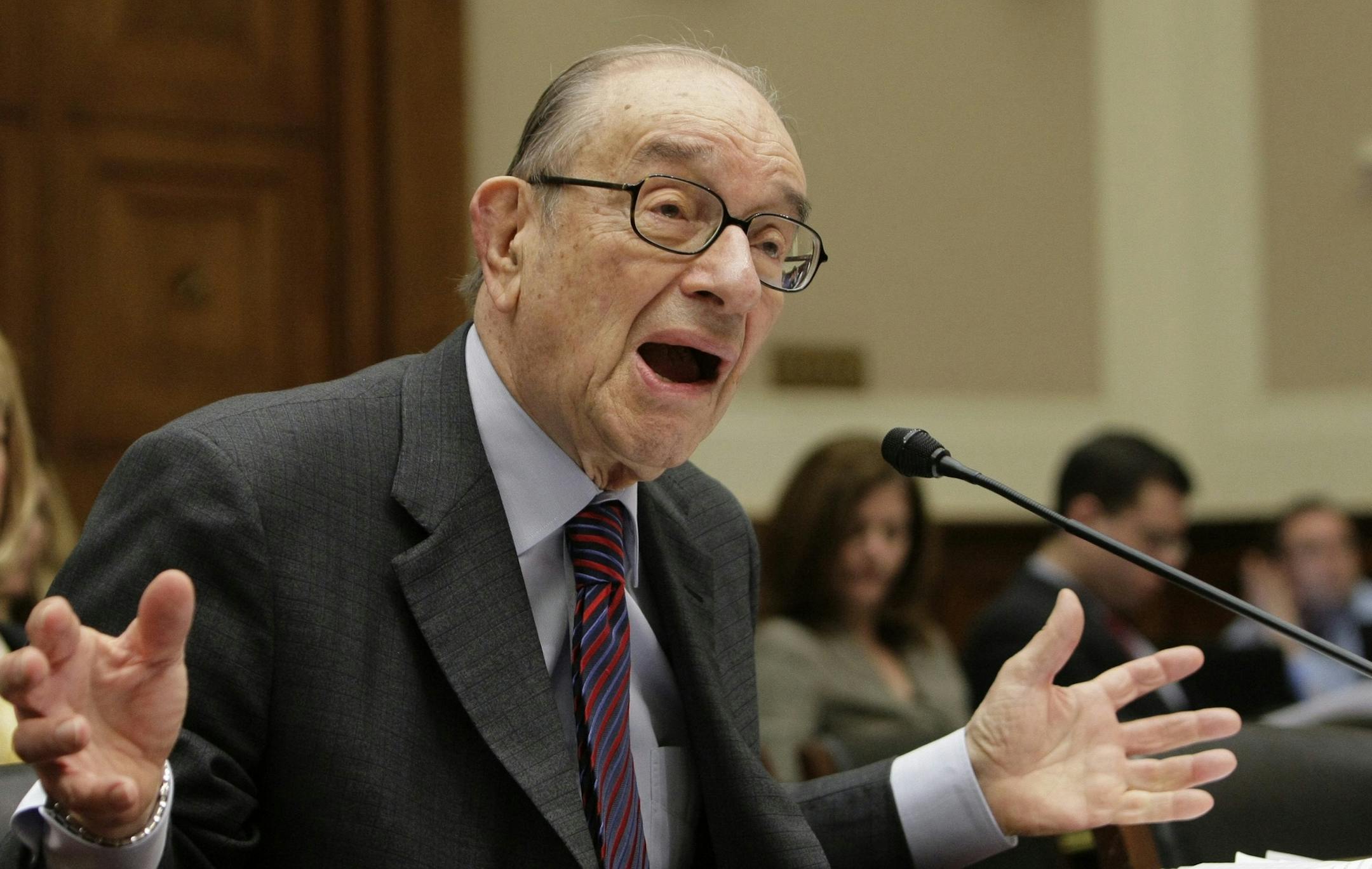 Former Federal Reserve Chairman Alan Greenspan testifies on Capitol Hill in Washington, Wednesday, April 7, 2010, before the Financial Crisis Inquiry Commission (FCIC) hearing examining the causes of the collapse of major financial institutions caused by subprime lending. (AP Photo/J. Scott Applewhite)
