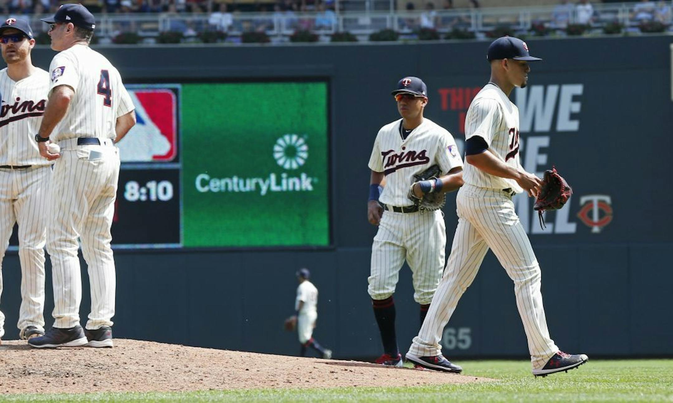 Twins starter Jose Berrios, right, left Wednesday's game against the Pittsburgh Pirates following Gregory Polanco's two-run, bases-loaded double.