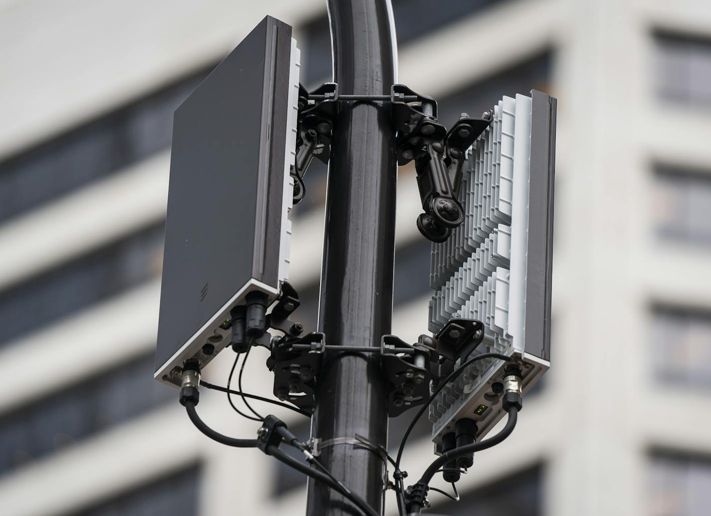 5G antennas on a light pole in downtown Minneapolis are part of the latest cellphone system.