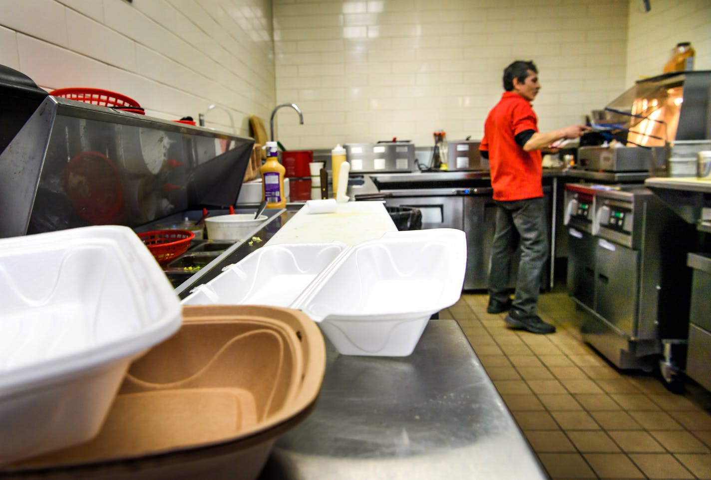 Chef Roberto Sanchez cooked up a falafel in the kitchen of Alimama's Mediterranean Grill, which would have to change some of its material with the proposed change. ] GLEN STUBBE * gstubbe@startribune.com Wednesday, January 4, 2017 St. Paul businesses might have to say so long to Styrofoam and other to-go containers that harm the environment. The city is considering adding regulations to prevent restaurants and coffee shops from using food packaging that is not environmentally friendly. Business