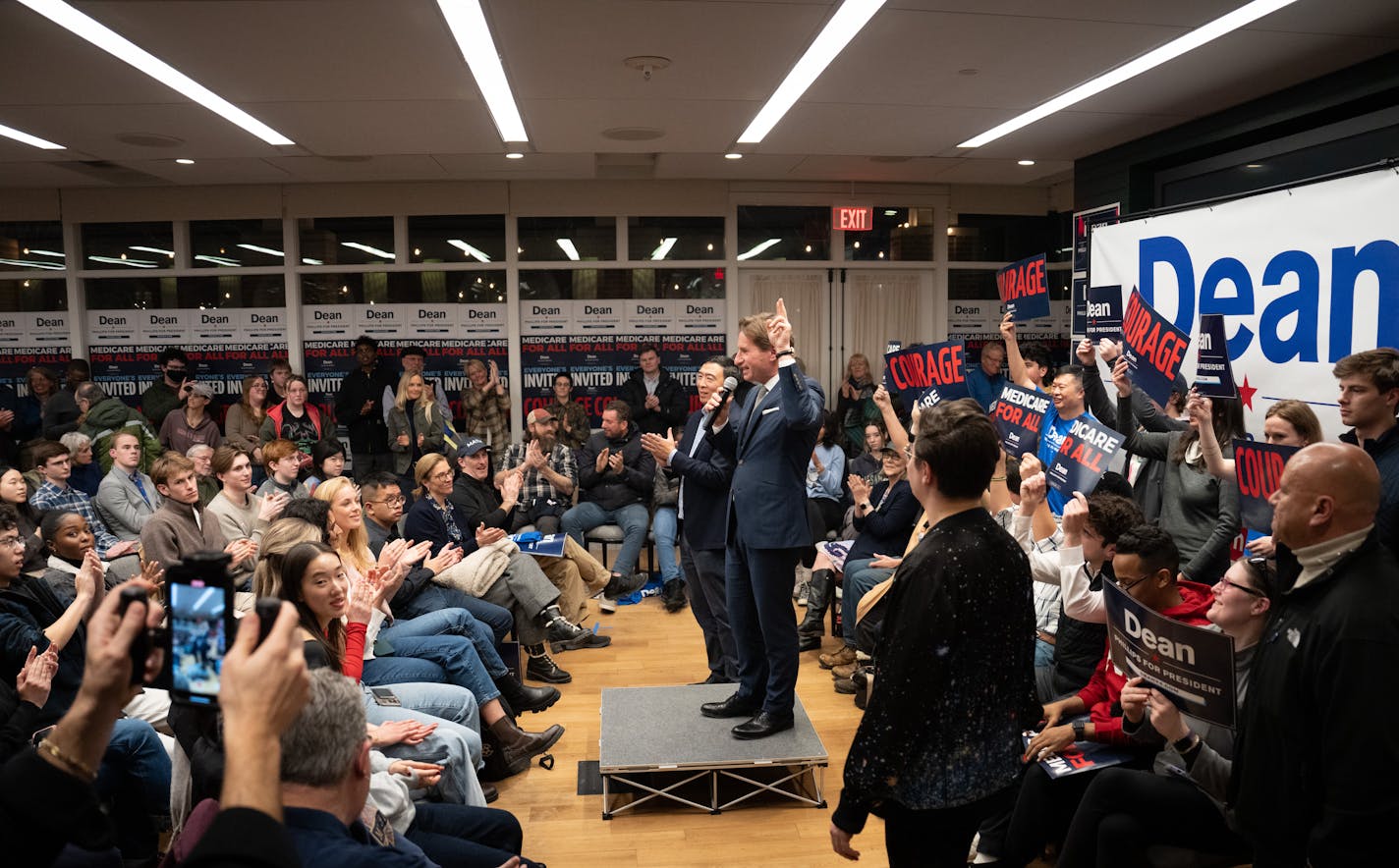 Former presidential candidate Andrew Yang endorsed Dean Phillips as he held a rally at Hanover Inn, across the street from Dartmouth College Thursday, Jan. 18, 2024  Hanover, New Hampshire.    ] GLEN STUBBE • glen.stubbe@startribune.com