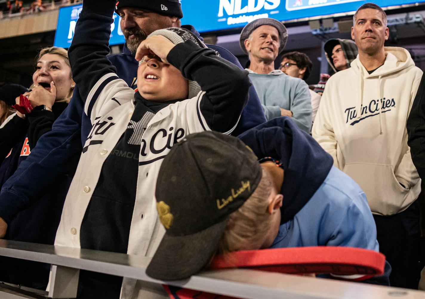 Twins Eler and Henry Colton(11) watch as the Twins end their season in the bottom of the ninth inning against the Astros at Target Field in an elimination game of the ALDS in Minneapolis, Minn., on Wednesday, Oct. 11, 2023. ]RICHARD TSONG-TAATARII • richard.tsong-taatarii @startribune.com