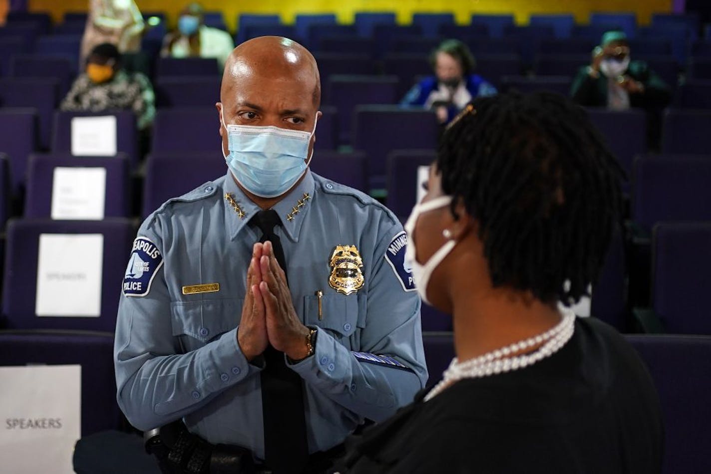 Minneapolis Police Chief Medaria Arradondo talked with Leslie Redmond, president of the Minneapolis NAACP, as he arrived to pay his respects at a community memorial for George Floyd organized by the NAACP Friday at the Shiloh Temple International Ministries in north Minneapolis.