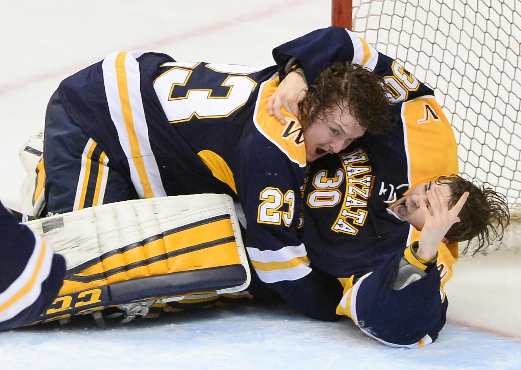 Wayzata players, including defenseman Hank Sorensen (23) and goalie Alex Schilling (30), celebrated their 5-3 championship victory over Eden Prairie Saturday night. ] (AARON LAVINSKY/STAR TRIBUNE) aaron.lavinsky@startribune.com Eden Prairie played Wayzata in the Class 2A boys' hockey championship game on Saturday, March 5, 2016 at Xcel Energy Center in St. Paul, Minn.