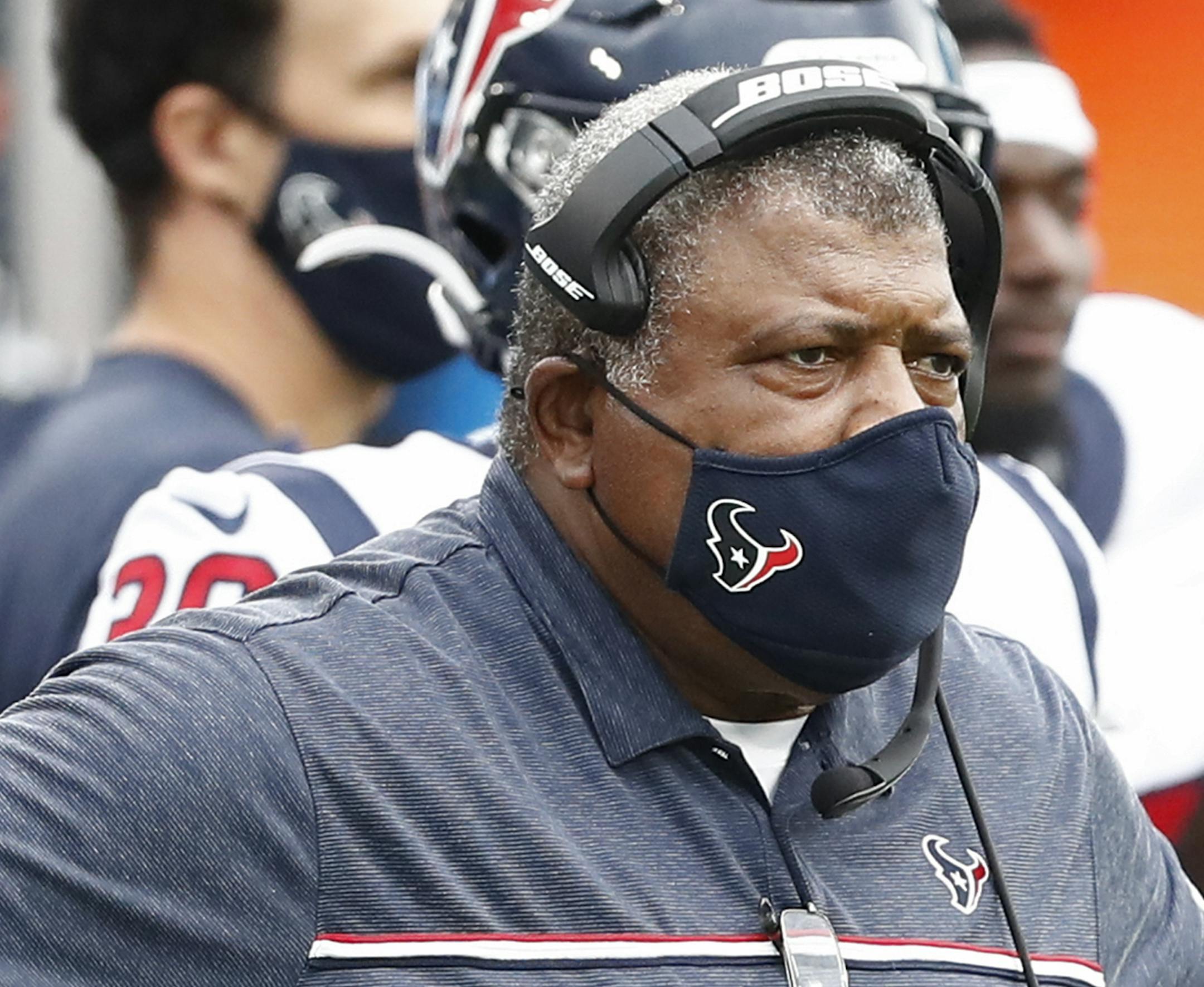 Houston Texans interim head coach Romeo Crennel watches from the sideline in the second half of an NFL football game against the Tennessee Titans Sunday, Oct. 18, 2020, in Nashville, Tenn. (AP Photo/Wade Payne)
